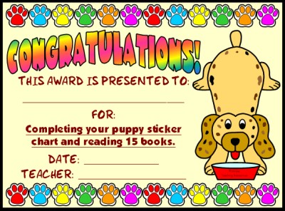 Sticker Charts Award Certificate:  Puppy Reading Sticker Chart Set