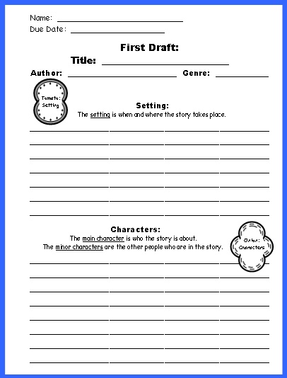 Sandwich Book Report Projects Worksheet:  Setting, Main Character, and Minor Characters