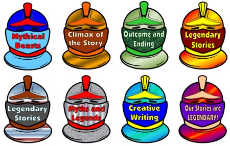 Lesson Plan Display for Writing Myths Knight Helmets