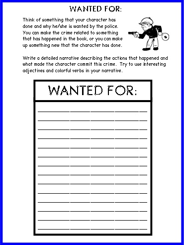 Wanted Poster Book Report Projects First Draft Worksheets