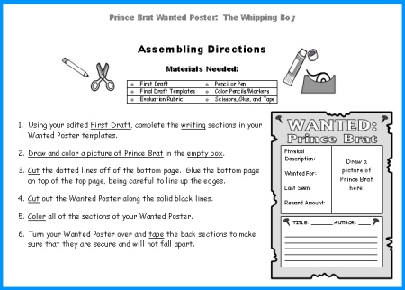 Whipping Boy Student Projects Wanted Posters Directions Worksheet