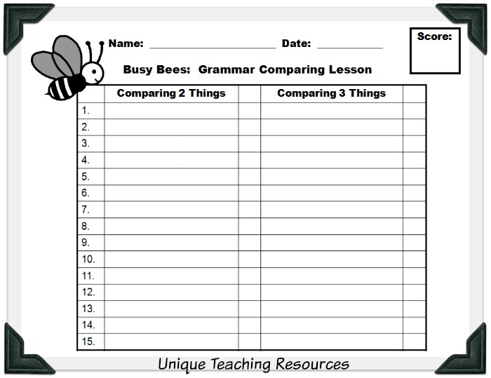 Student worksheet for Busy Bees adjectives powerpoint lesson.