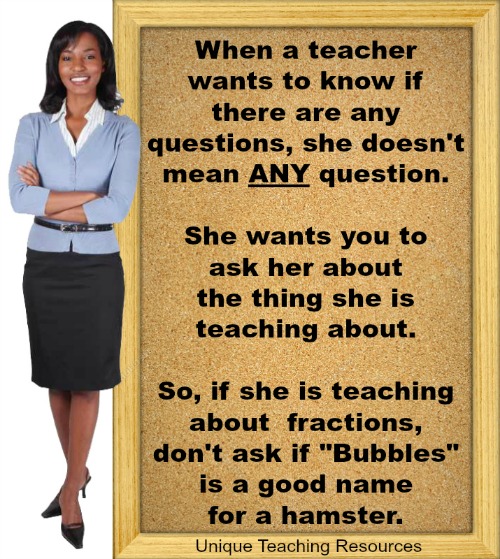 When a teacher wants to know if there are any questions, she doesn't mean ANY questions.