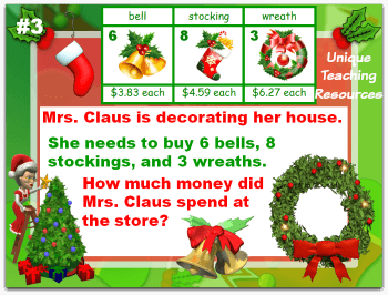 This Christmas math word problems powerpoint lesson reviews addition, subtraction, and multiplication.