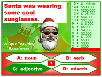 Christmas powerpoint lesson that reviews nouns, verbs, adjectives, and adverbs.