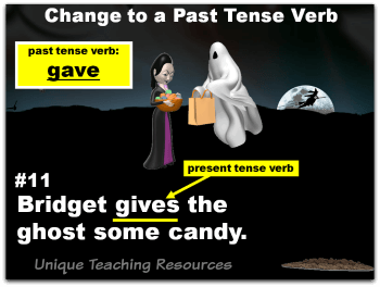 Halloween powerpoint lesson that reviews past and present tense verbs.