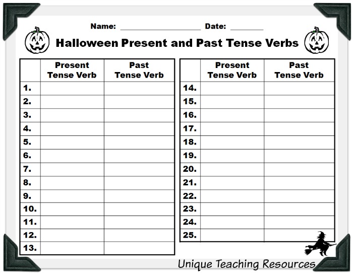 Student worksheet for Halloween verbs powerpoint lesson.