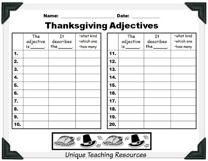 Student worksheet for Thanksgiving adjectives powerpoint lesson.