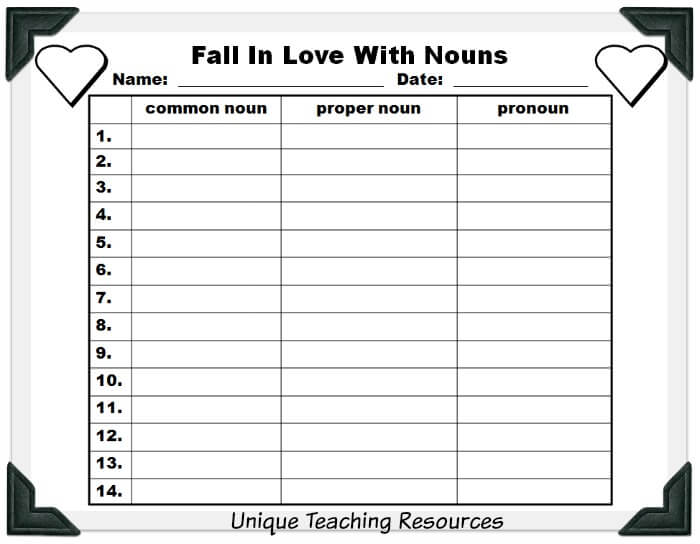 Student worksheet for Valentine's Day noun powerpoint lesson.