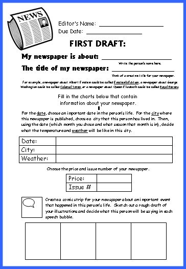 Biography Book Report Project Newspaper First Draft Writing Worksheets