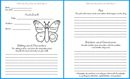 Butterfly Elementary Student Book Report Projects First Draft Writing Worksheets