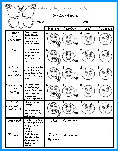 Butterfly Elementary Student Book Report Projects Grading Rubric