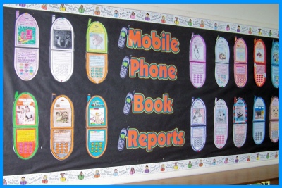 Cell Phone Book Report Projects Bulletin Board Display in classroom example