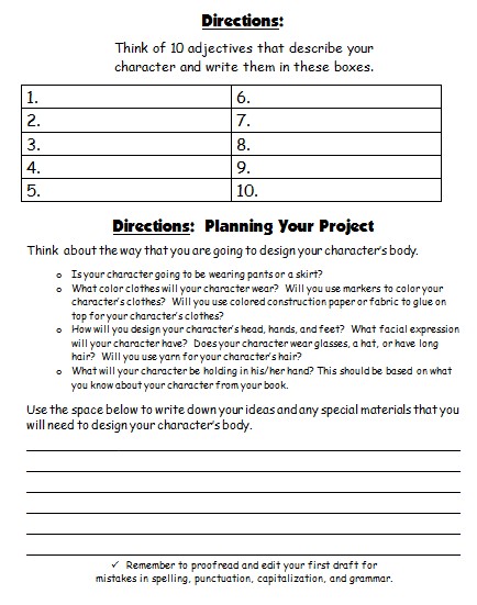 Main Character Book Report Projects Creative Writing Printable Worksheets