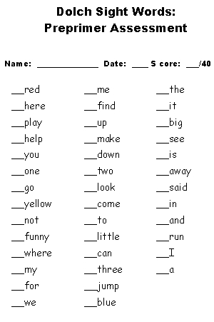 Dolch Sight Words Free Assessment Worksheet for Elementary School Teachers