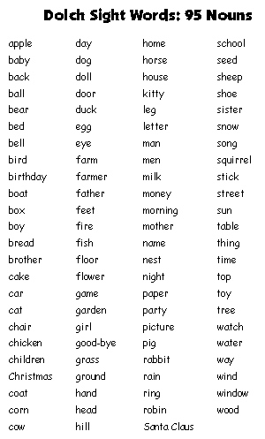 Free Dolch Nouns Sight Word Lists