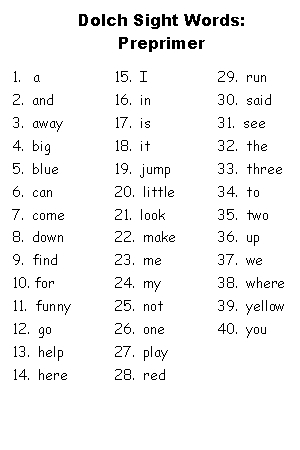 Free Dolch Sight Words Preprimer Word Lists For Teachers and Students