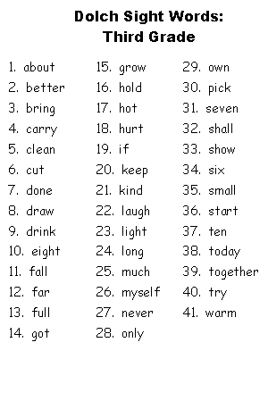 Free Dolch Sight Words Grade Three Word Lists For Third Grade Students