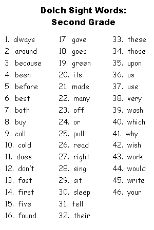 Free Dolch Sight Words Grade Two Word Lists For Second Grade Students
