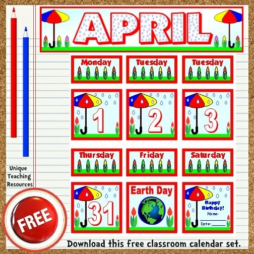 Download this free April calendar set from Unique Teaching Resources.  Perfect for pocket charts!