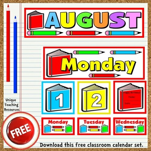 Download this free August calendar set from Unique Teaching Resources.  Perfect for pocket charts!