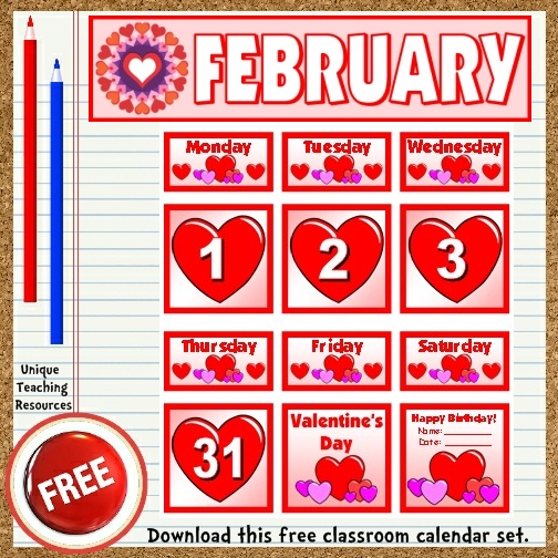 Download this free February calendar set from Unique Teaching Resources.  Perfect for pocket charts!