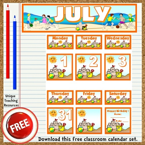 Download this free July calendar set from Unique Teaching Resources.  Perfect for pocket charts!