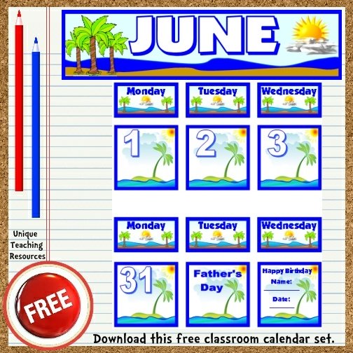 Download this free June calendar set from Unique Teaching Resources.  Perfect for pocket charts!