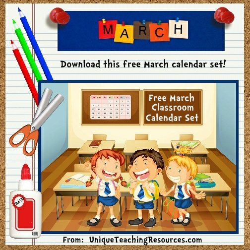 Free Printable March Classroom Calendar For School Teachers