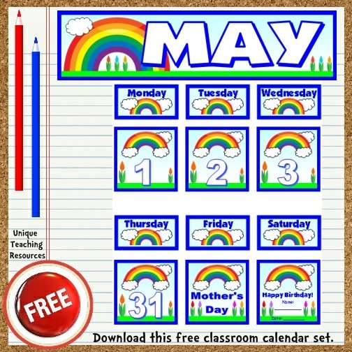Download this free May calendar set from Unique Teaching Resources.  Perfect for pocket charts!