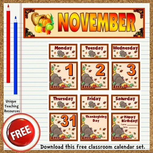 Download this free November calendar set from Unique Teaching Resources.  Perfect for pocket charts!