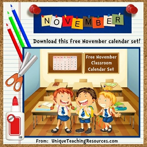 Free Printable November Classroom Calendar For School Teachers