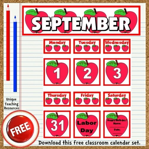 Download this free September calendar set from Unique Teaching Resources.  Perfect for pocket charts!