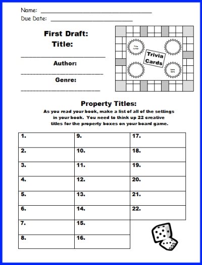 Game Board Book Report Projects First Draft Printable Worksheets