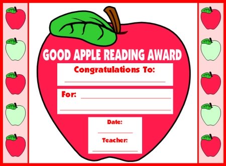 Reading Apple Student Award Certificate September and Back to School