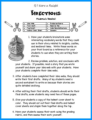 If I Were a Knight Directions Sheet for Teacher Lesson Plans