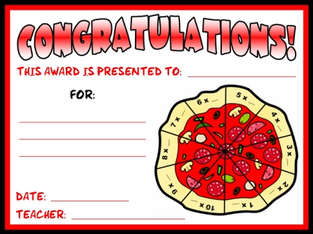 Math Times Tables Awards Certificate Pizza