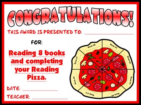Reading Award Certificate for Pizza Sticker Chart for Students