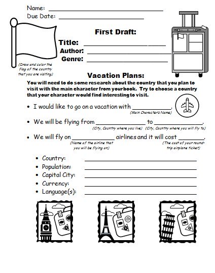 Vacation Suitcase Book Report Projects First Draft Worksheets