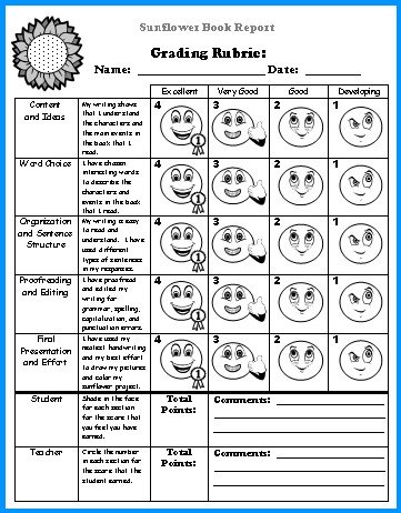 Sunflower Book Report Projects Grading Rubric