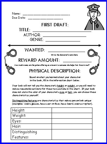 Wanted Poster Book Report Project First Draft Writing Worksheets