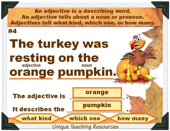 Review adjectives with your students using this fun Thanksgiving powerpoint presentation.