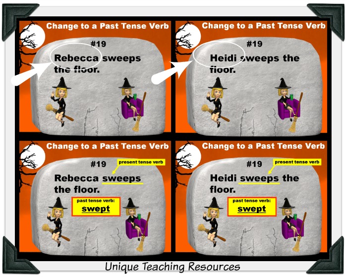 Change present tense verbs to past tense verbs Halloween powerpoint lesson.