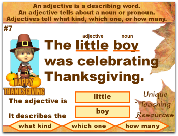 This fun Thanksgiving powerpoint lesson reviews adjectives.